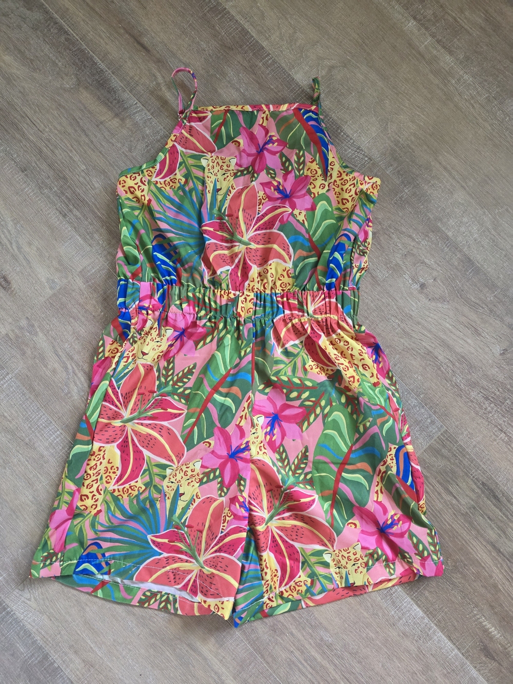 SHEIN Multicolor Tropical Floral Girls Romper - Pink, Green, Yellow